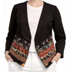 Coldwater Creek Black Open Front Slouchy Blazer with Boho Colorful Accents 
 1X